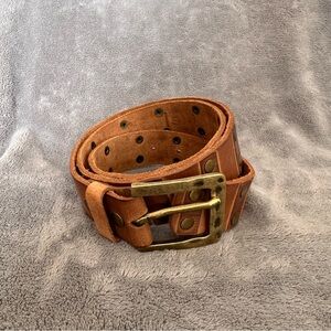Brown Leather Belt with Brass Rivets and Brass Buckle size Large